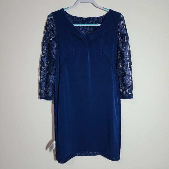 Lauren Ralph Lauren Womens Lace Sheath Dress Size 4 Blue V-Neck Holiday Party - Picture 3 of 9